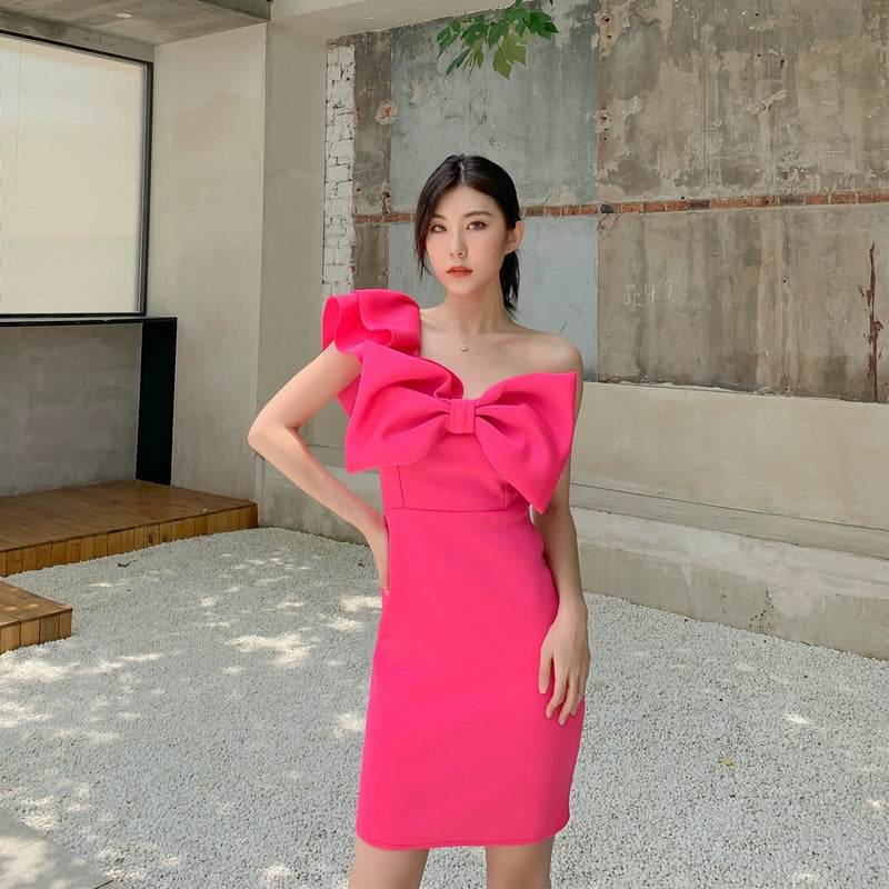 DOLLY Elegant French Style Pink Off Shoulder Big Bow Short Dinner Dress-JOMA