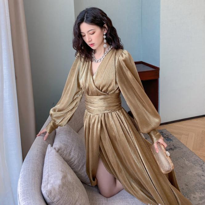 DOLLY Elegant Peach V-Neck Long Puff Sleeve High Waist Long Flowing Guest Dress-BESTY