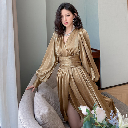 DOLLY Elegant Peach V-Neck Long Puff Sleeve High Waist Long Flowing Guest Dress-BESTY