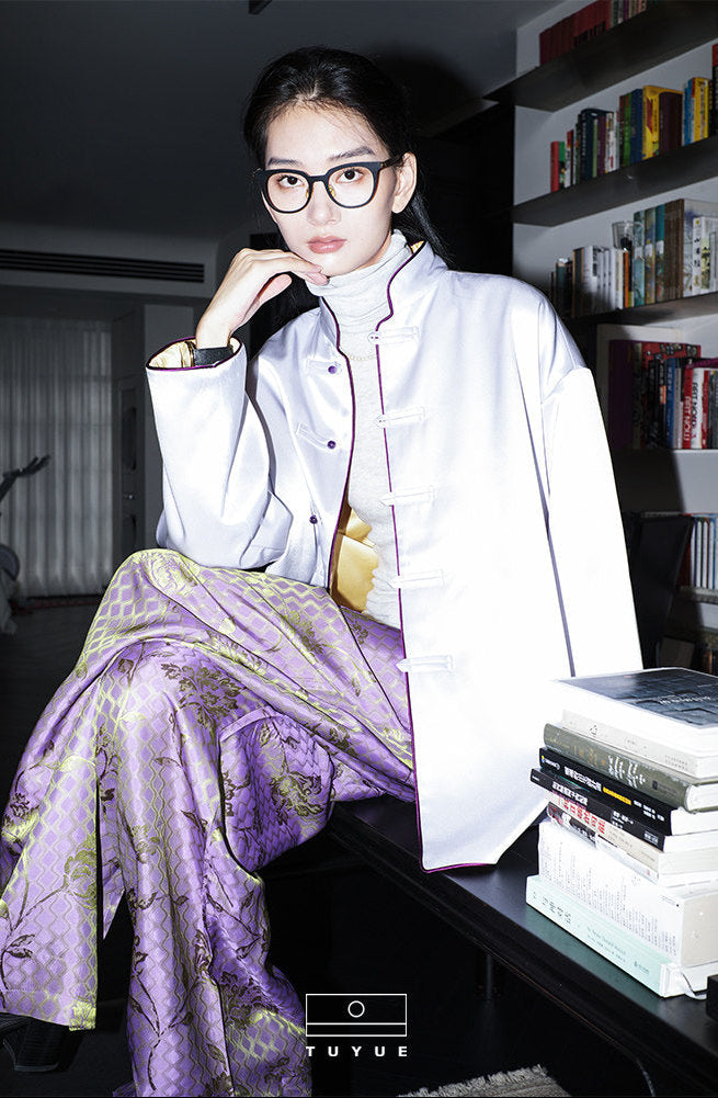 TUYUE Satin Woven Flowers Casual Straight Pants- MICHAEL.