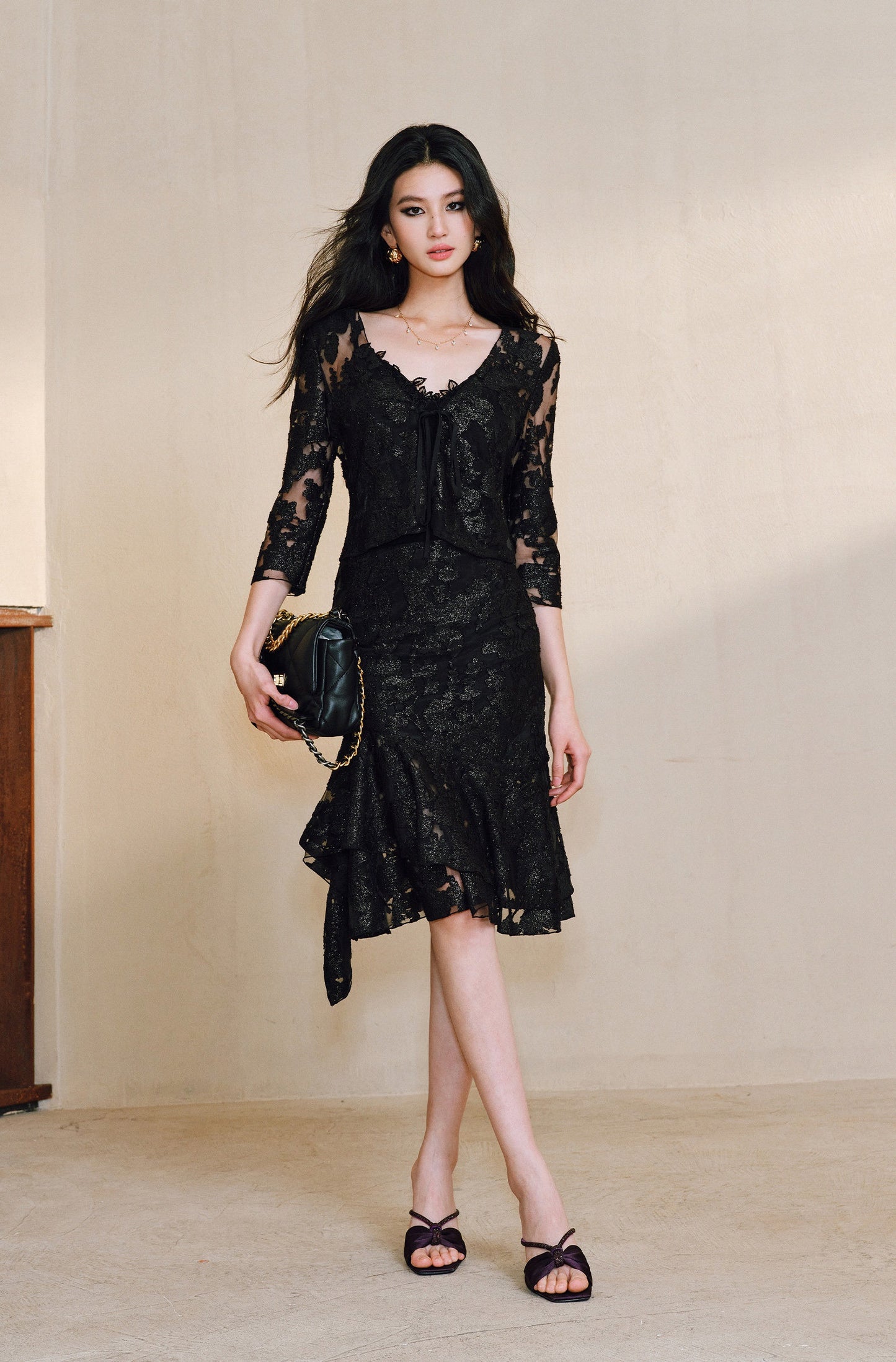 WANGXO | Lace-Up Cardigan & Irregular Double Fishtail Hip Skirt Set -KAIA