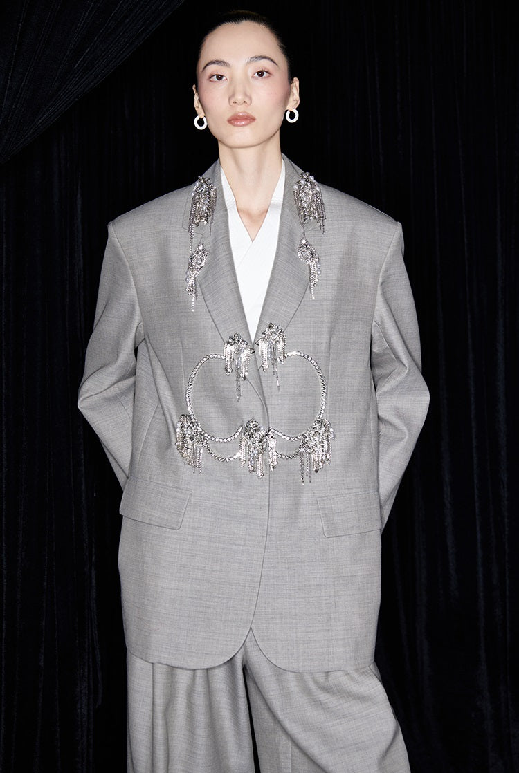 M essential Mackay designer skinny wool orchid crystal lamp tassel bead suit - TONY.