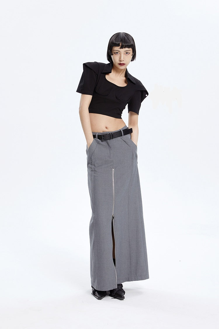 TINY IN zippered slit long straight legs structured seams low waist skirt -TENDO