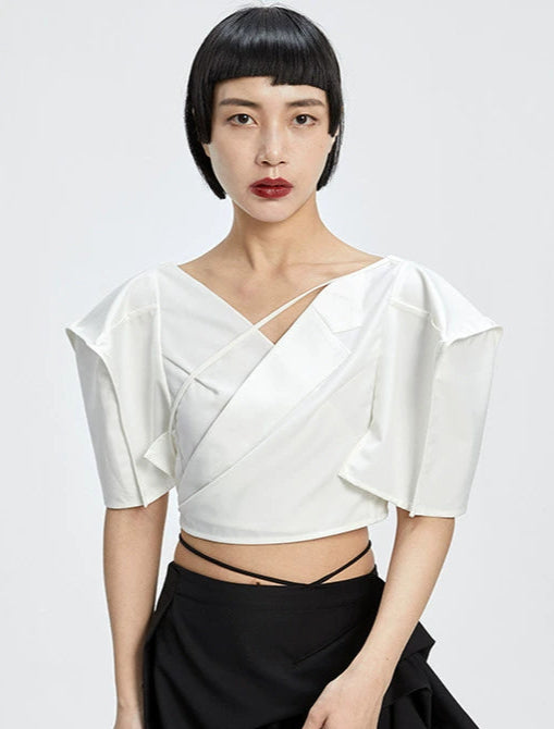 Tiny in three-dimensional square sleeve cross collar tie irregular shirt top women's short -CAM