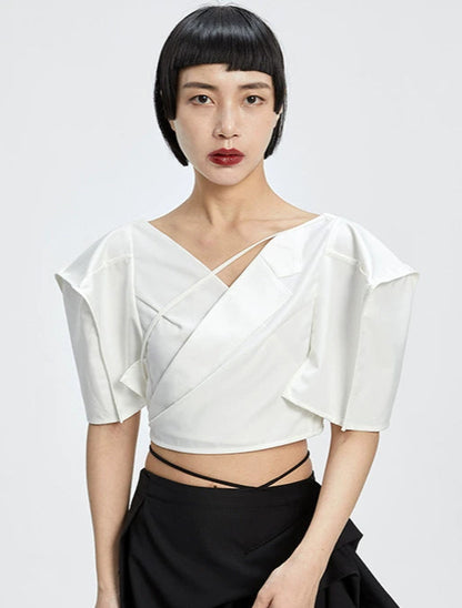 Tiny in three-dimensional square sleeve cross collar tie irregular shirt top women's short -CAM