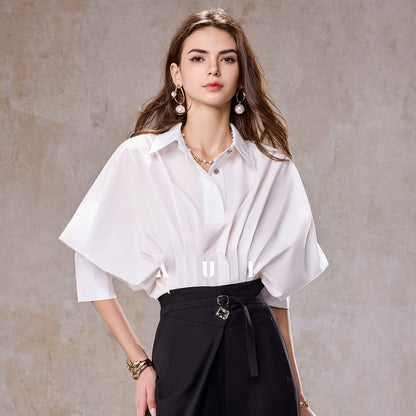 AUI design sense irregular polo collar blue shirt long sleeve top - RESORT.