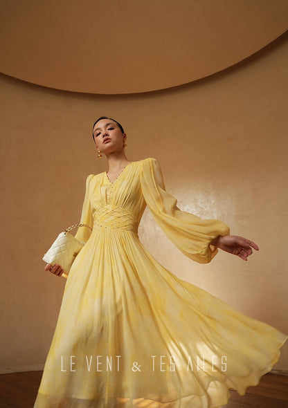 LE VENT&TES AILES 100% Silk French Haute Smudge V-Neck midi yellow Dress - FAYE