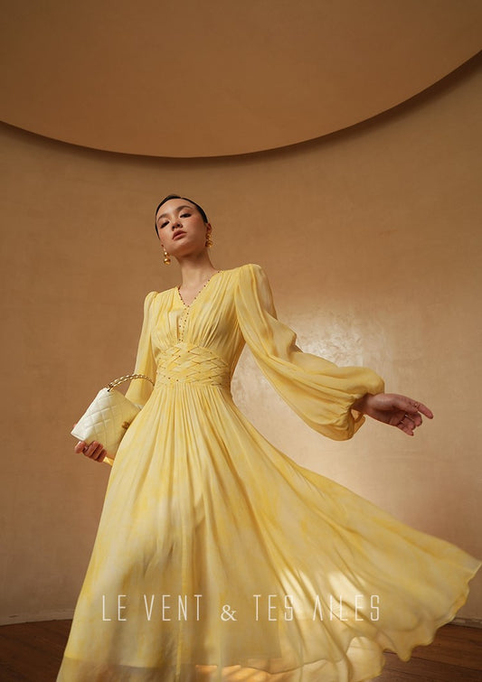 LE VENT&TES AILES 100% Silk French Haute Smudge V-Neck midi yellow Dress - FAYE