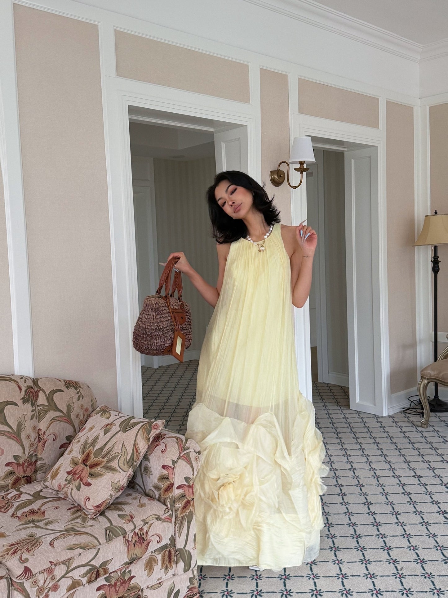 MEI SANGUAN Yellow sleeveless 3D flower long dress - ERICA