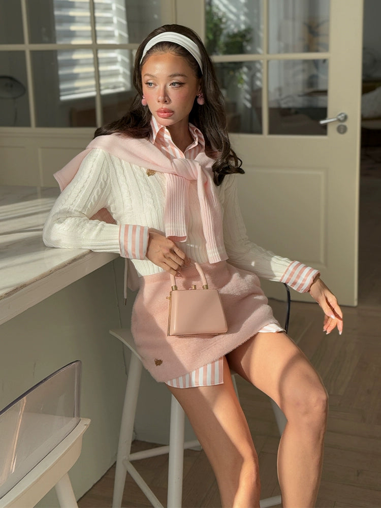 Le Palais Vintage White Twist V Tie Hood Slim Fit Sweater-KEN.