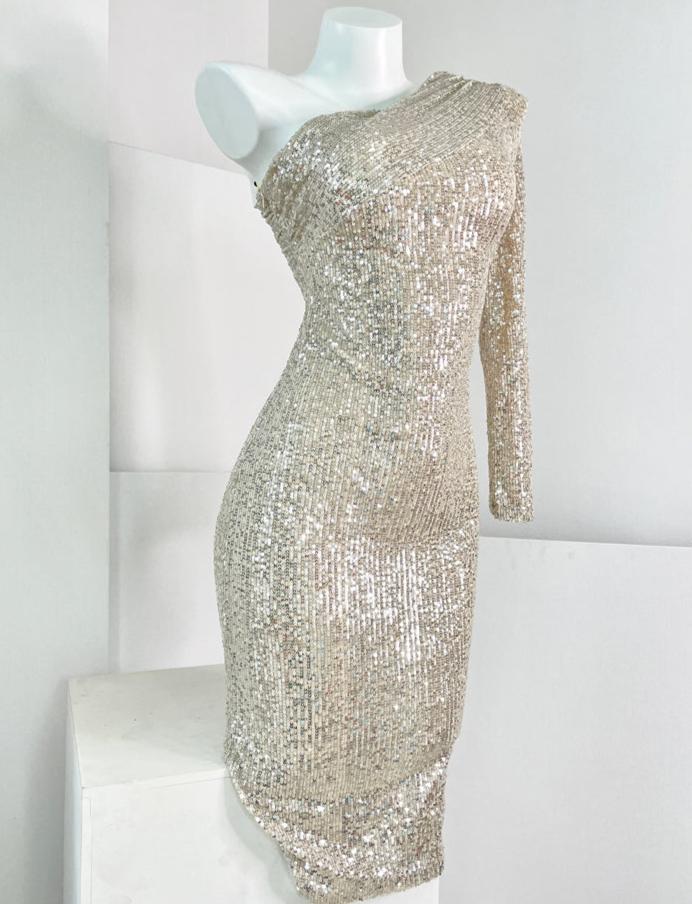 DOLLY Luxury Slant Collar Long Sleeve Sequin Slim Fit Backless Dress-IU