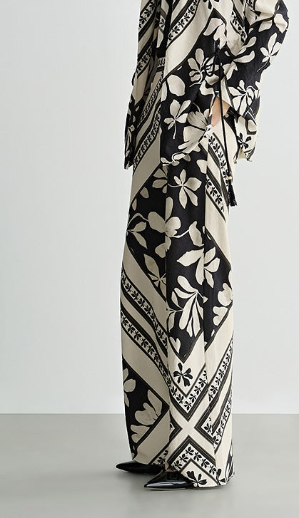COMME MOI Lv Yan designer summer  black and white printed tassel straight-leg pants - KAIN.