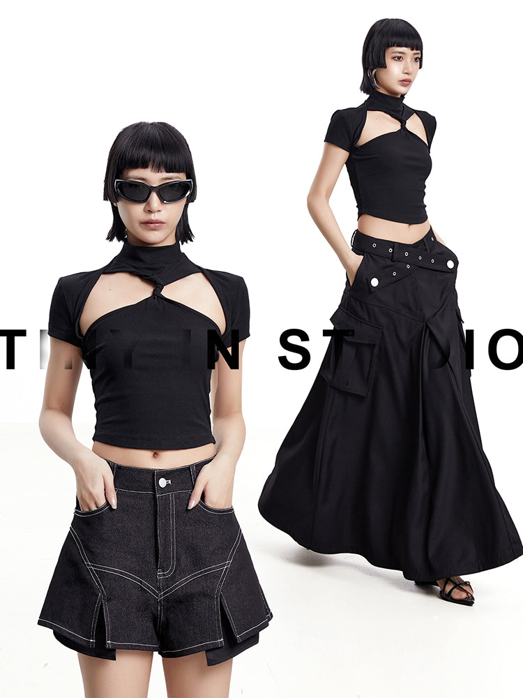 TINY IN black twisted cut-out women's summer cropped top-SIA