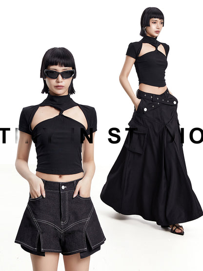 TINY IN black twisted cut-out women's summer cropped top-SIA