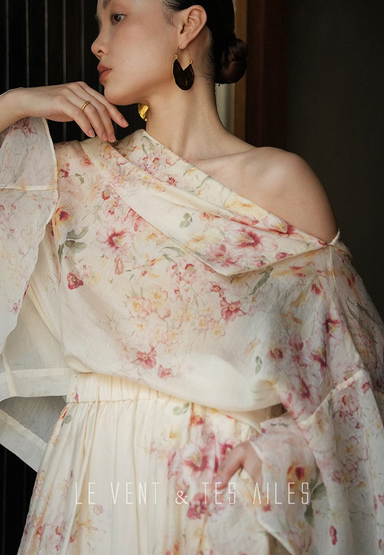 LE VENT&TES AILES Floral-print off shoulder top Skirt trousers set-RINA.