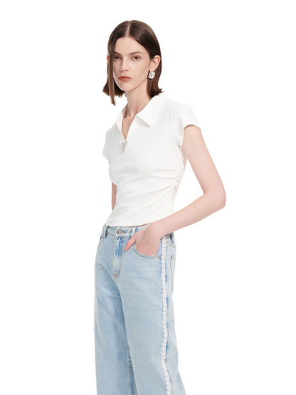 YES BY YESIR | Ye Qian  Y-Triangle Tag Polo Neck T-Shirt Delicate Pleats-LOREINE.