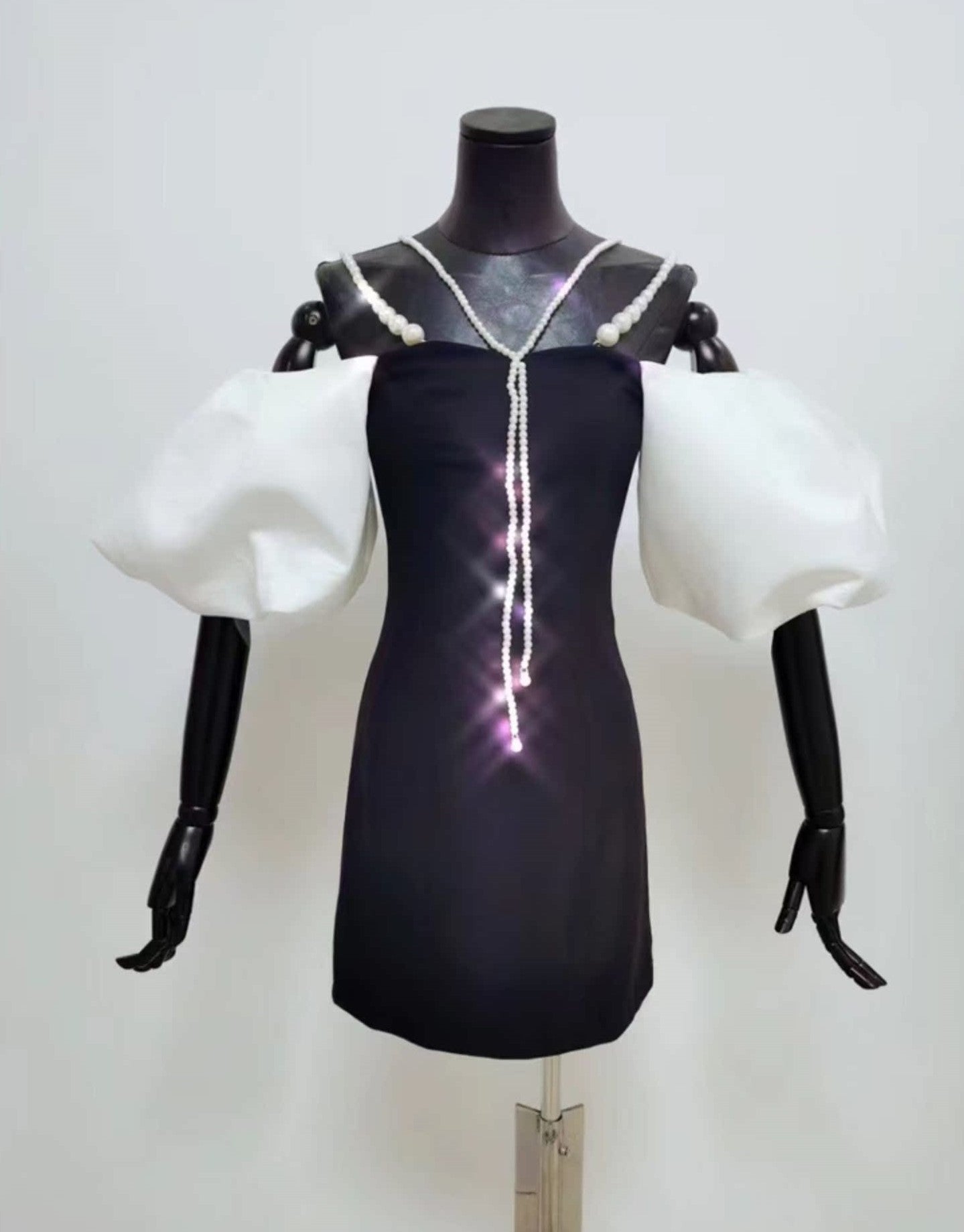 DOLLY Luxury Off Shoulder White Puff Sleeves Black A-Line Dinner Dress-MERCIA