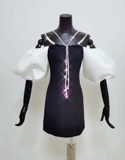 DOLLY Luxury Off Shoulder White Puff Sleeves Black A-Line Dinner Dress-MERCIA