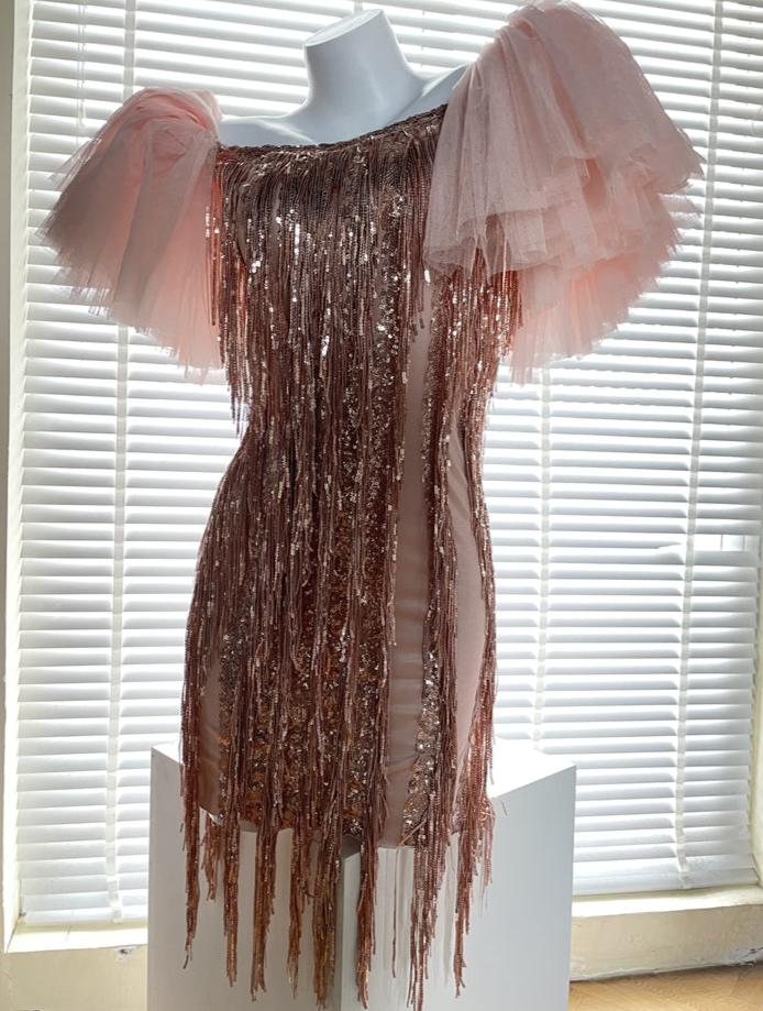 DOLLY Luxury Retro Puff Sleeve Glitter Tassel Tube Top Short Party Dress-LORENA