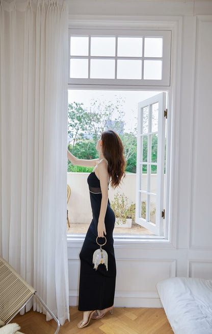 DOLLY High End Black Retro Style V-Neck Sleeveless Diamond Chain Long Dress-GENEVIEVE