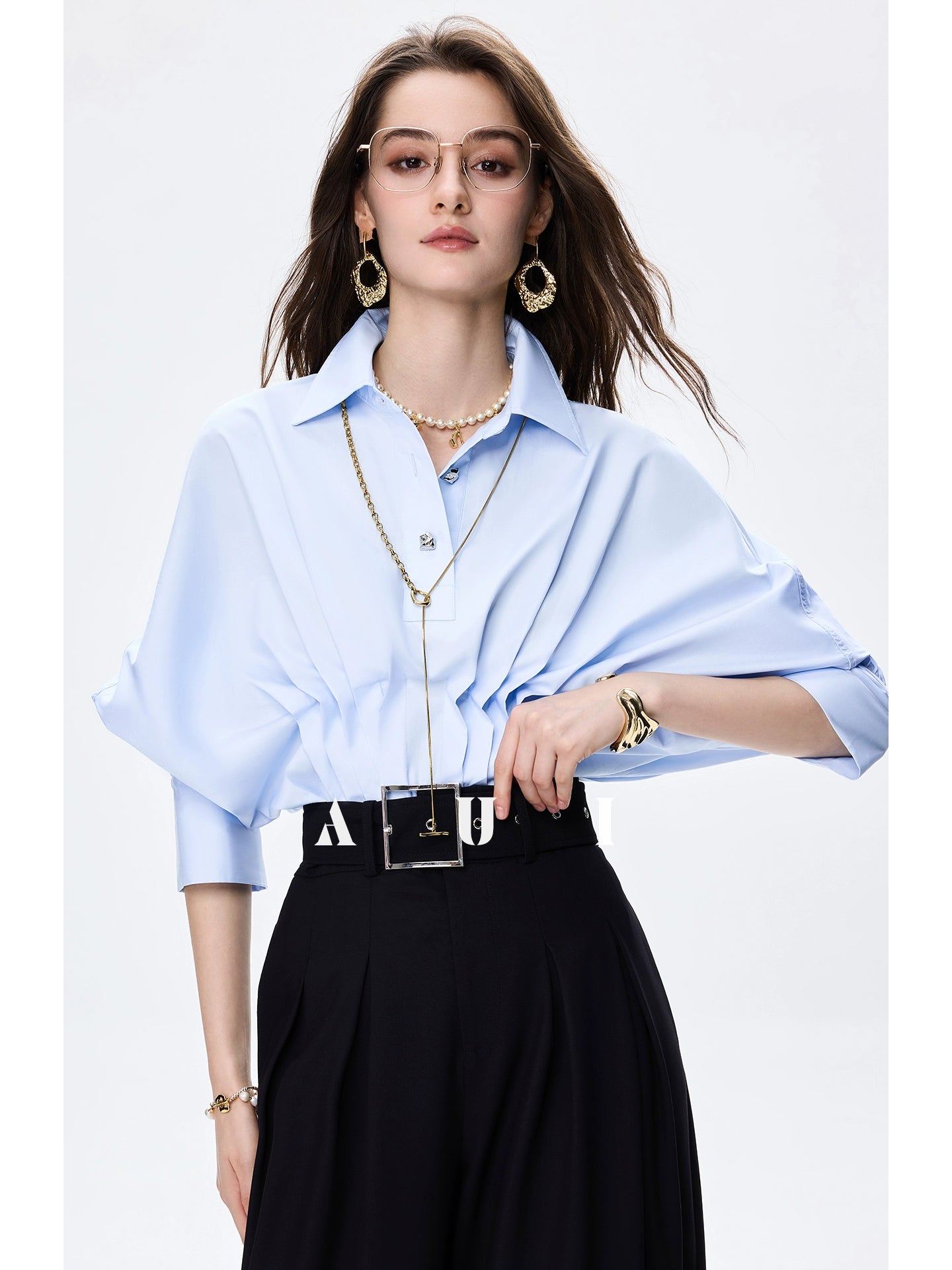 AUI design sense irregular polo collar blue shirt long sleeve top - RESORT.