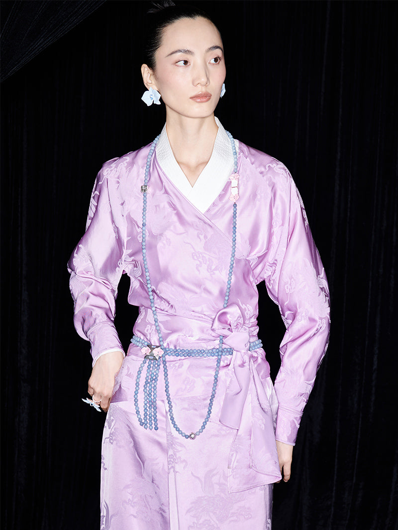 M essential Makay designer hibiscus jacquard layered placket wrap-around waist shirt - BETA.