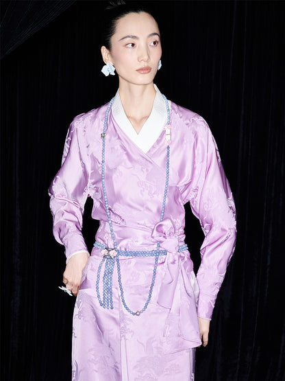 M essential Makay designer hibiscus jacquard layered placket wrap-around waist shirt - BETA.