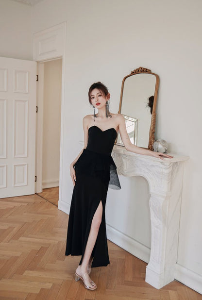 DOLLY Luxury Black Retro Chest Wrap Sleeveless Off Shoulder Long Dinner Dress-ALVINA