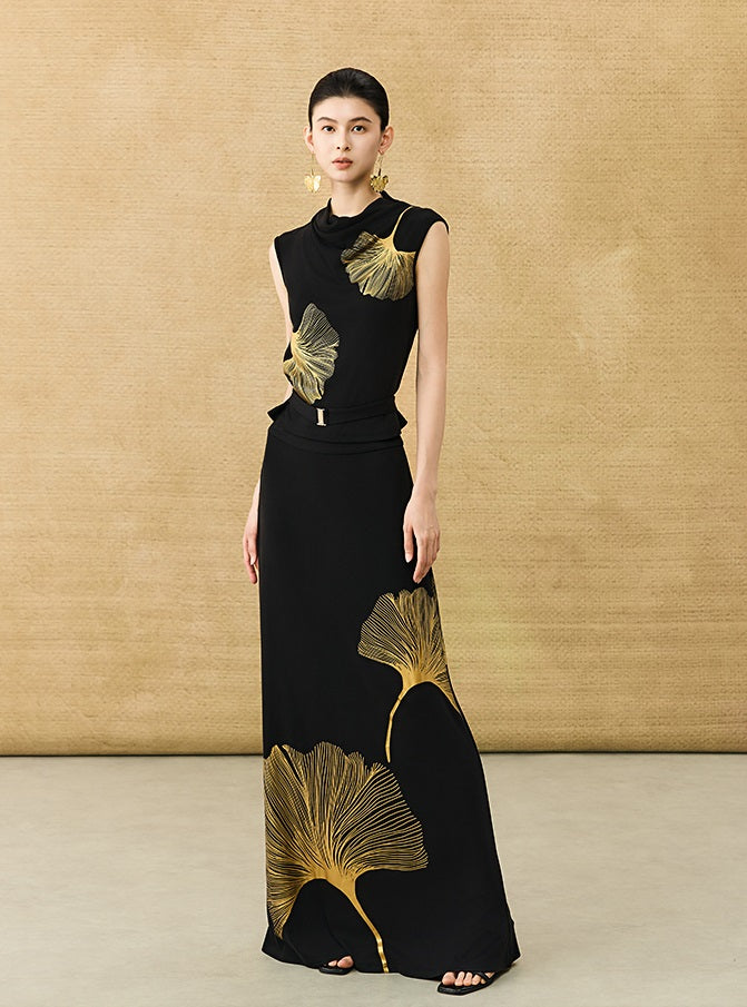 HECO Chinese Style Elegant Swing Neck Sleeveless Ginkgo Biloba Print T-Shirt - BOBA.