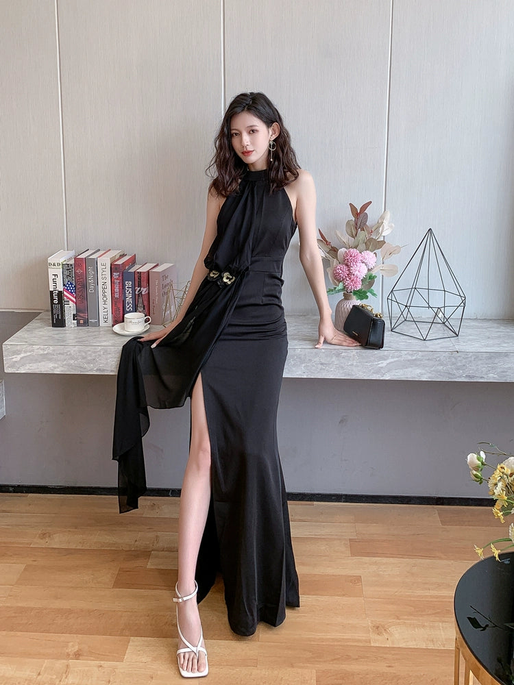 DOLLY Elegant Retro Style Black Sleeveless Halter Neck Long Chiffon Banquet Dress-