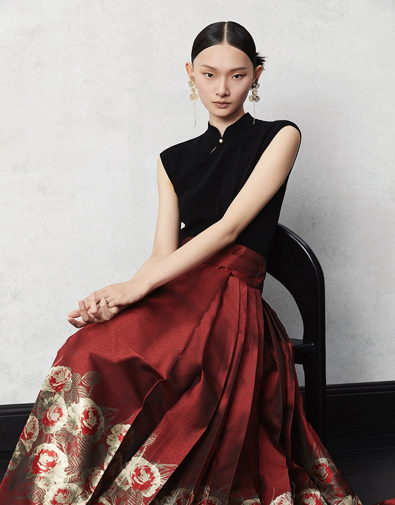 HECO Woven Gold Pattern Blue Horse Face Pleated High Waisted Skirt - tech.