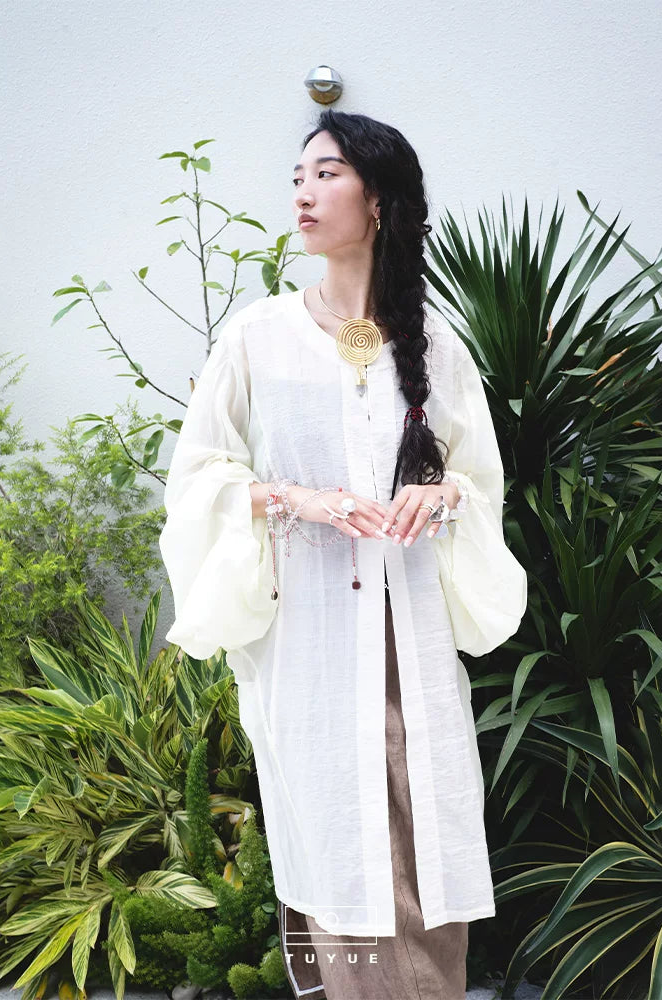 TUYUE off-white round neck pipa sleeves Tencel thin silk spliced robe jacket- RAY