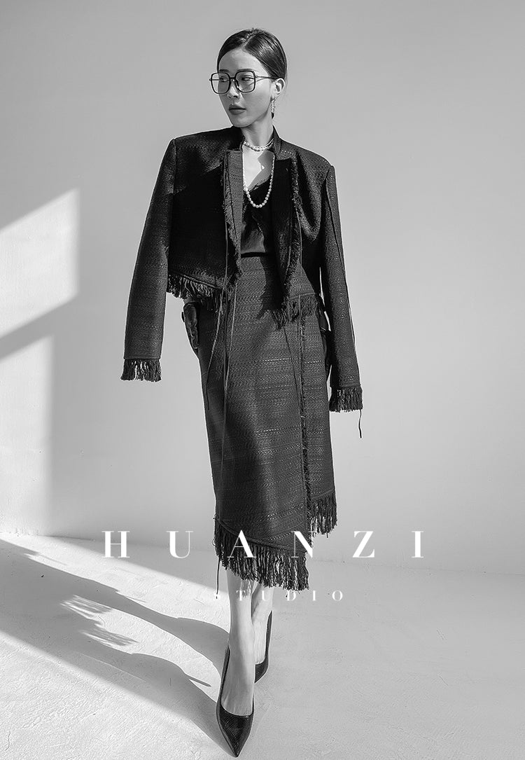 Huanzi French cream tweed tassel suit  skirt - Nikii