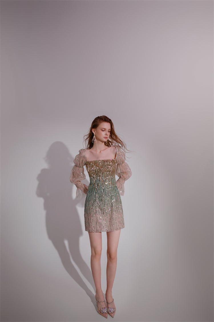 Wardrobes by Chen High End Golden Green multi color sequince mini dress-Serah