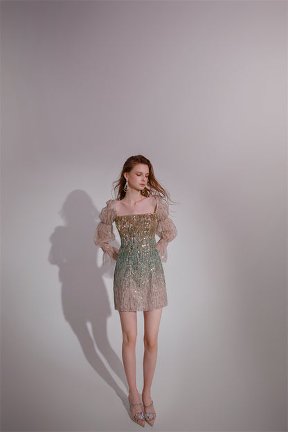 Wardrobes by Chen High End Golden Green multi color sequince mini dress-Serah