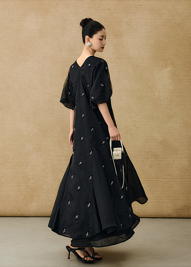 HECO  New Chinese Embroidered V-Neck Puff Sleeve Dress - CORAINE.