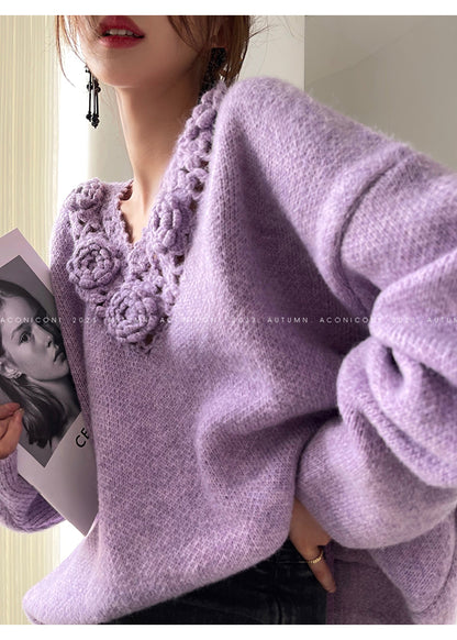 Aconiconi|Purple Flower Crochet openwork long cropped loose wool knit sweater  dress - Twilight