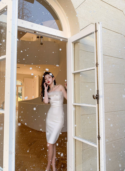 DOLLY Elegant Off Shoulder Feather Tube Top Slim Fit Dinner Date Dress-NANA