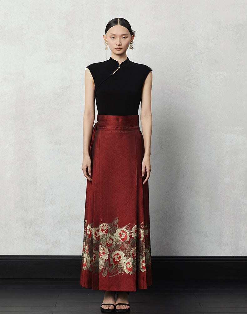 HECO Woven Gold Pattern Blue Horse Face Pleated High Waisted Skirt - tech.