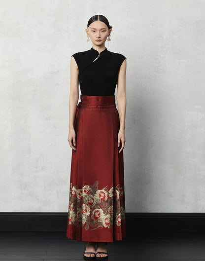 HECO Woven Gold Pattern Blue Horse Face Pleated High Waisted Skirt - tech.