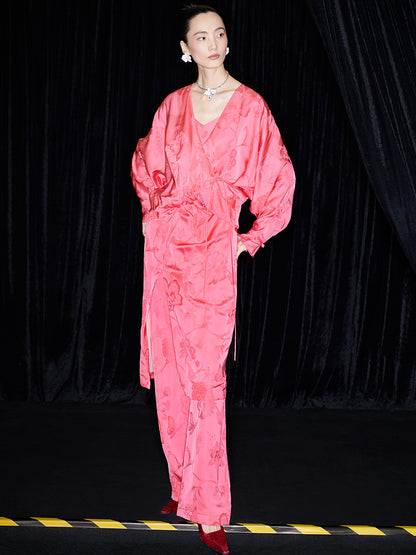 M essential Mackay designer lotus petal red jacquard tether folded loose shirt - BIRD.