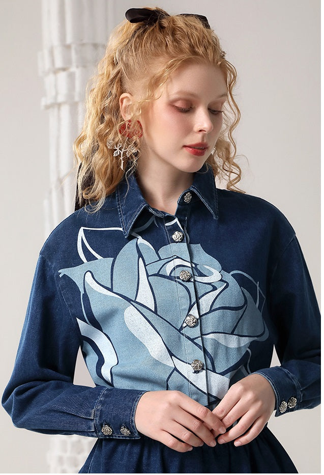 CHECOCRE Elegant Stubble Rose Print American Retro Denim Mini Dress - BETHANY