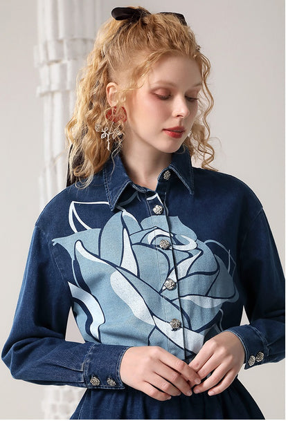 CHECOCRE Elegant Stubble Rose Print American Retro Denim Mini Dress - BETHANY