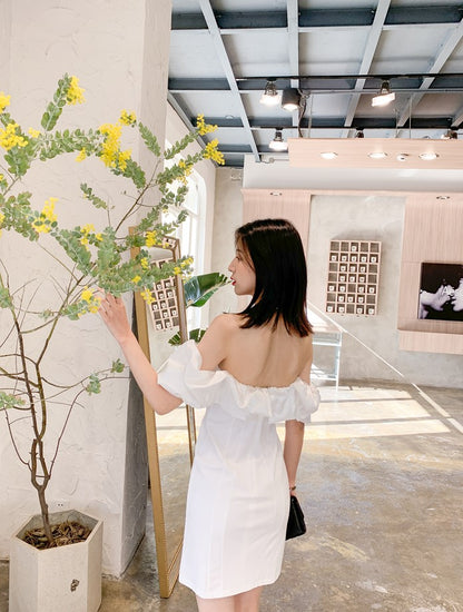 DOLLY Elegant Short Sleeve Ruffle Off Shoulder Chest Wrap Short Party Dress-LIZA