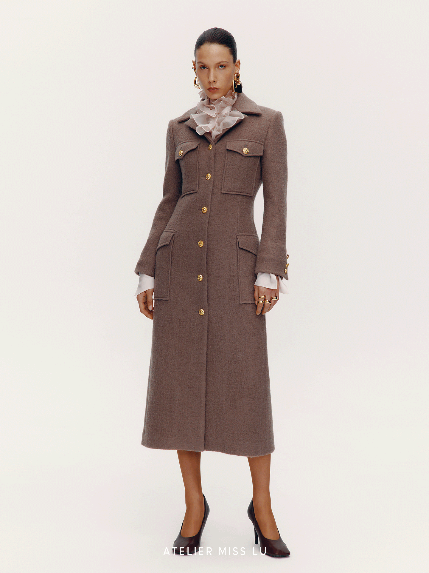 ATELIER MISS LU  Pocket Design Sheep Wool Slim Long Coat - ENID.