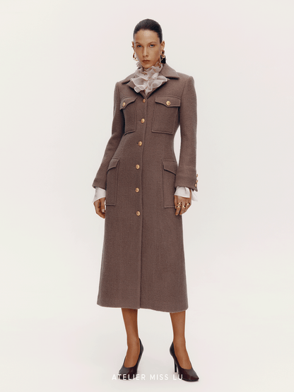 ATELIER MISS LU  Pocket Design Sheep Wool Slim Long Coat - ENID.