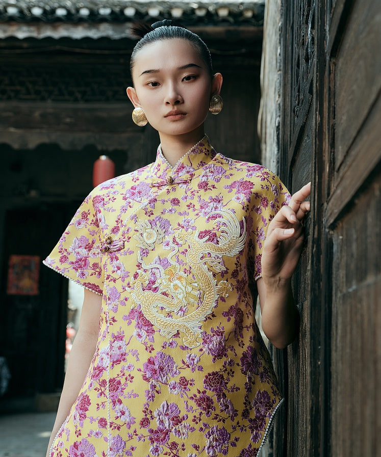HECO Chinese style golden dragon embroidery short-sleeved placket buttoned shirt - QAND.
