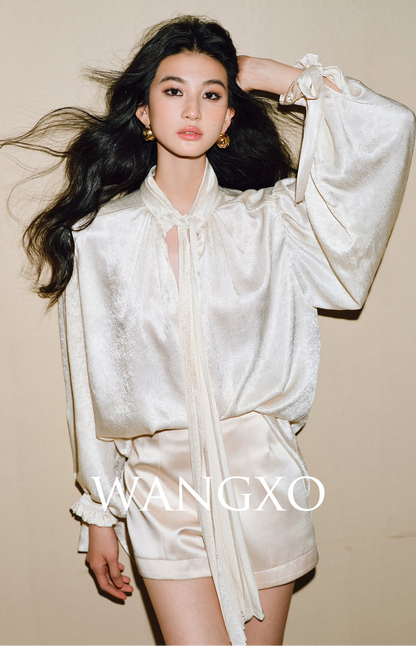 WANGXO | Glossy Satin Scratch & Bright Silk Interlace Pleated Streamer V-Neck Shirt -FÍYA.
