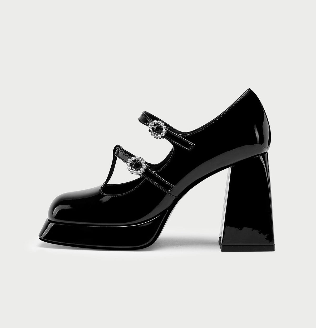 pjjuu black platform soled chunky square heel double strap mary jane heel - TARA