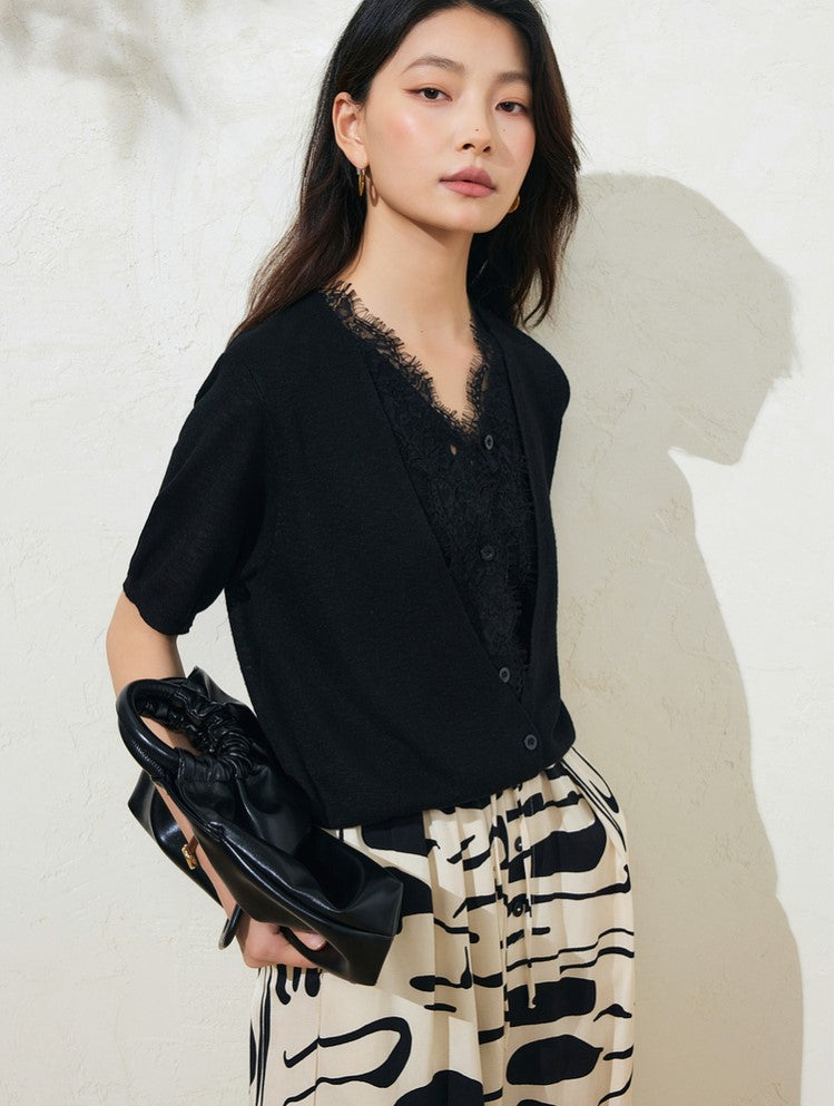 SUSHE LACE STITCHING V-NECK FIVE-QUARTER SLEEVES TWO-PIECE KNITTED TOP-EVA